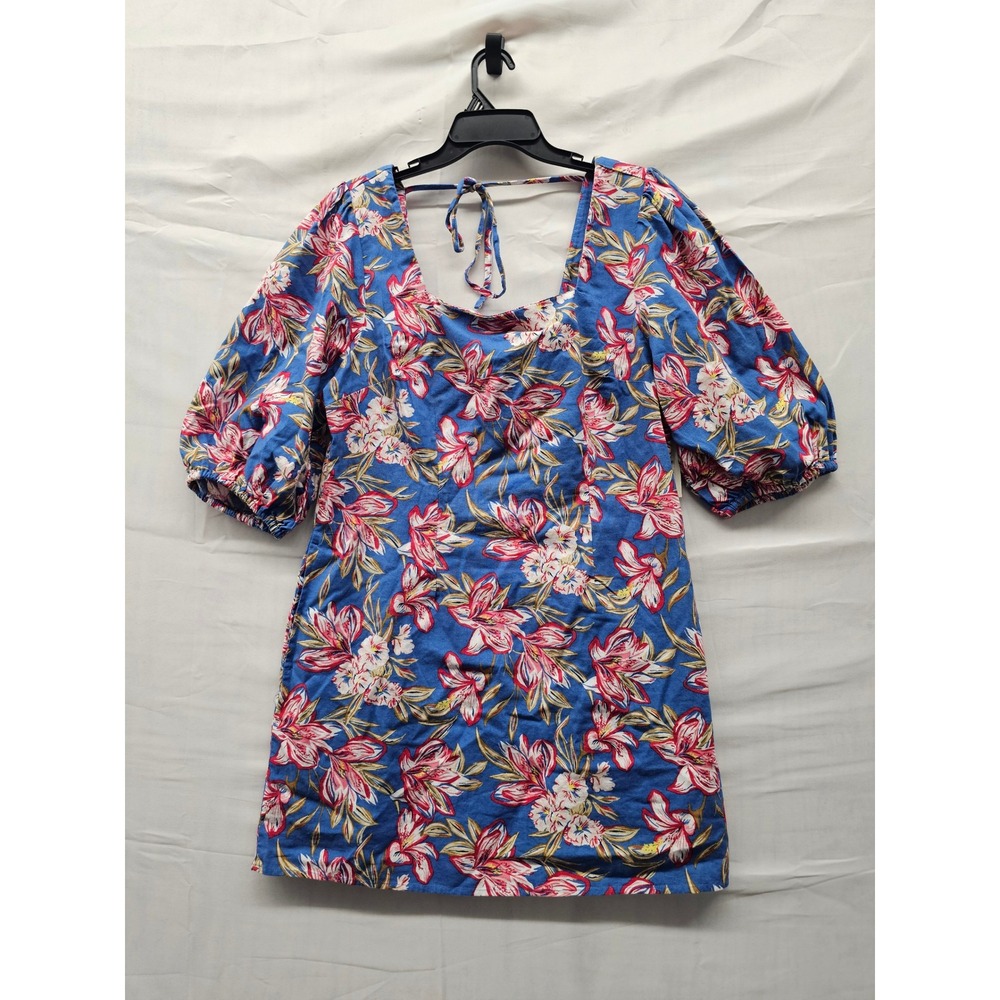 A New Day Womens Floral Mini Dress Blue Cotton Linen Blend Casual Size Large